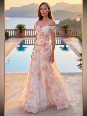 KOS COUTURE Off Shoulder Floral White Maxi Dress Ruffle Pleated Chiffon Sz 8 NWT